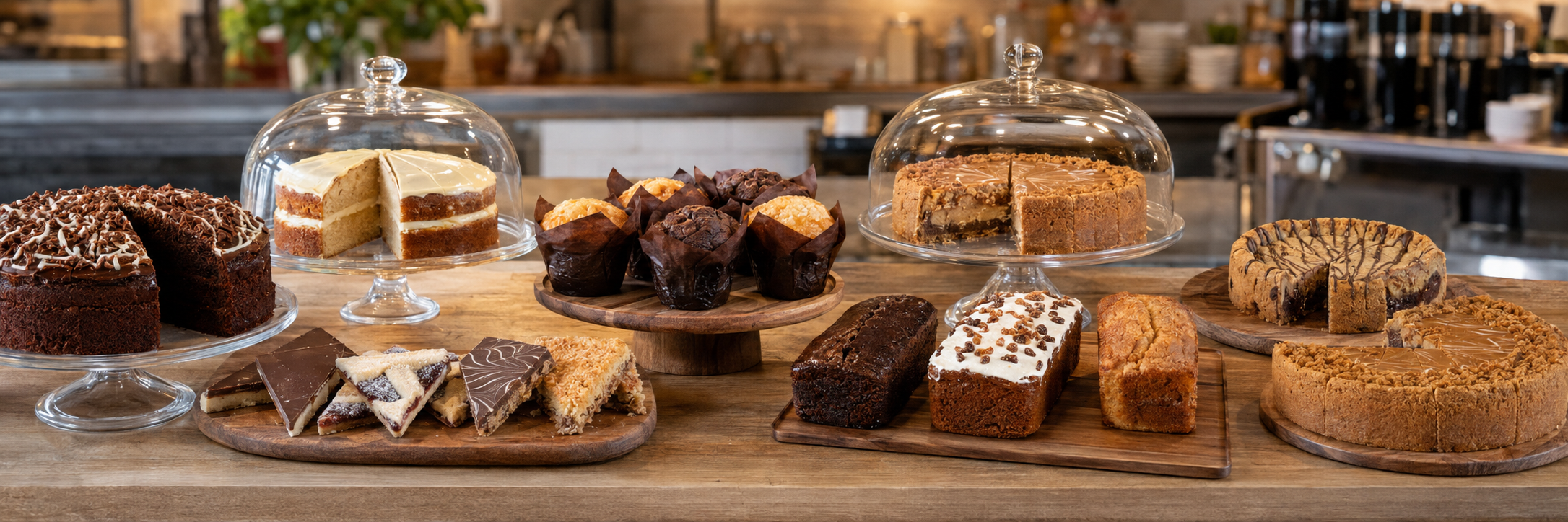 Cafe counter with cakes and baked goods